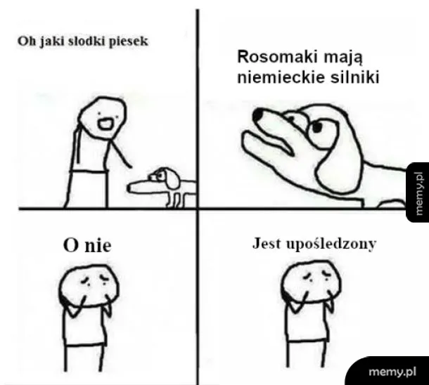 Czteroklatkowy komiks z człowiekiem głaskającym małego psa.