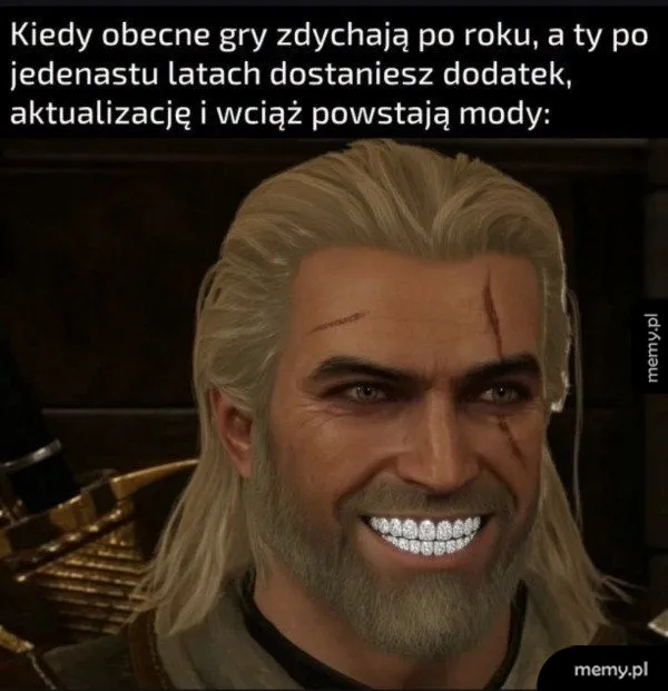Geralt z Rivii z szerokim uśmiechem pełnym diamentów i napisem u góry.