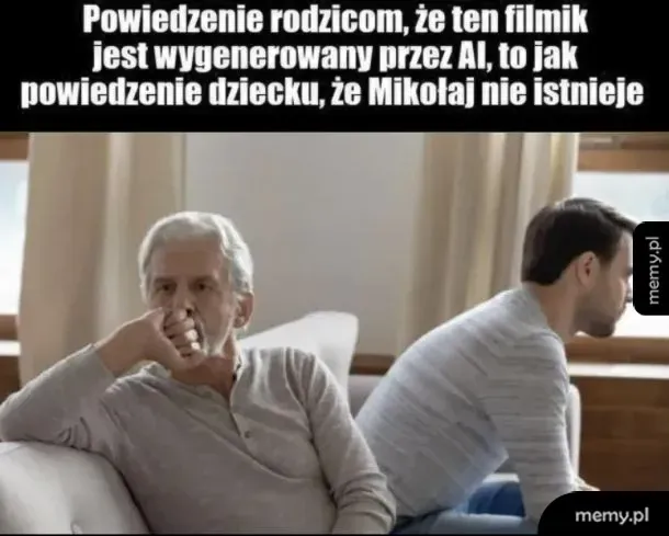 Starszy i młodszy mężczyzna siedzą na kanapie w salonie, wyglądając na zmartwionych.