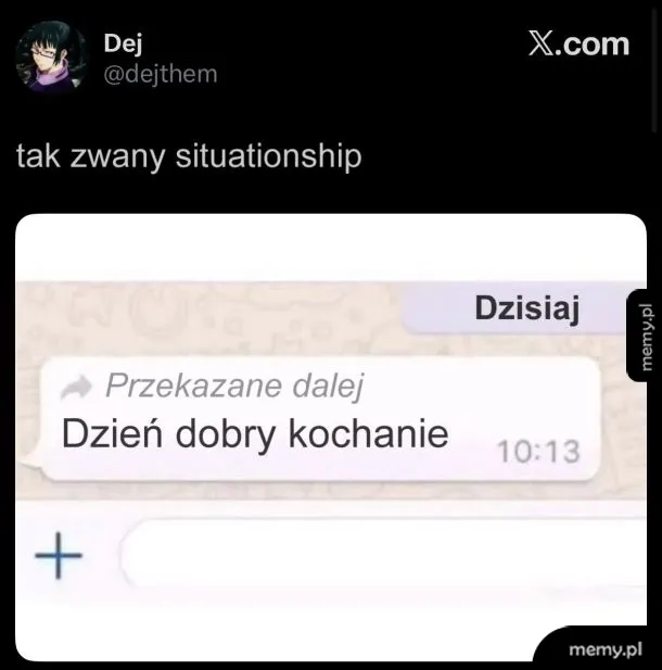 Zrzut ekranu z Twittera przedstawiający wiadomość z WhatsAppa z tekstem Przekazane dalej.