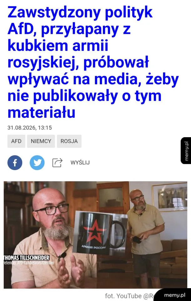 Polityk AfD z kubkiem armii rosyjskiej