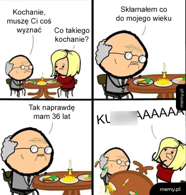 Czteropanelowy komiks przedstawiający kolację starszego mężczyzny z kobietą.