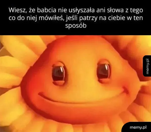 Słonecznik z gry Plants vs. Zombies z szerokim uśmiechem i wielkimi oczami.