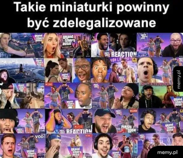 Mem z kolażem miniaturek YouTube pokazujących przesadne miny graczy.
