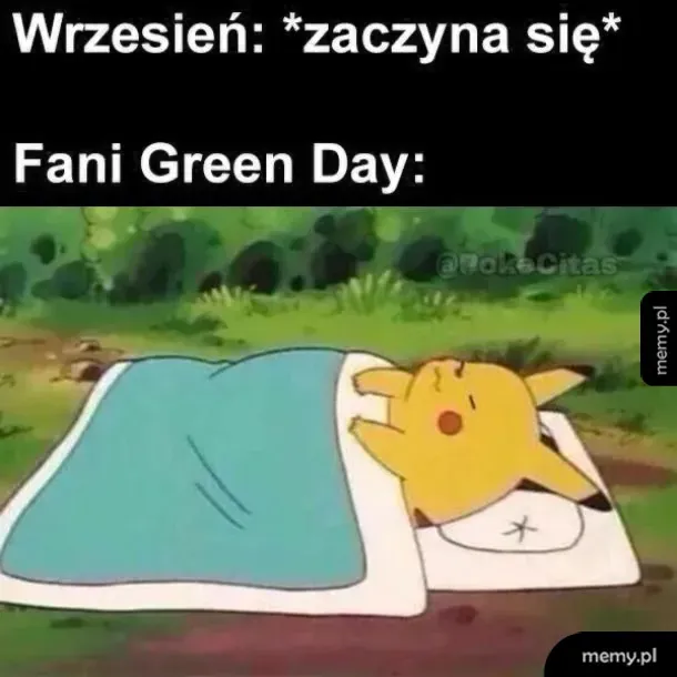 Pikachu śpi pod kołdrą na tle przyrody w memie o zespole Green Day