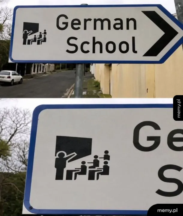 Znak drogowy z napisem German School i piktogramem szkoły