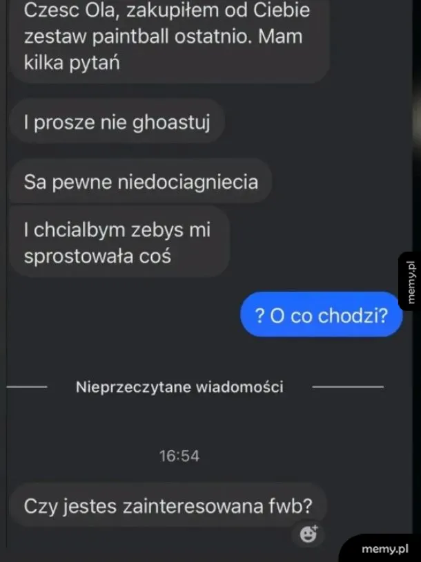 Zrzut ekranu z czatu przedstawiający nietypową wiadomość po zakupie zestawu do paintballa.