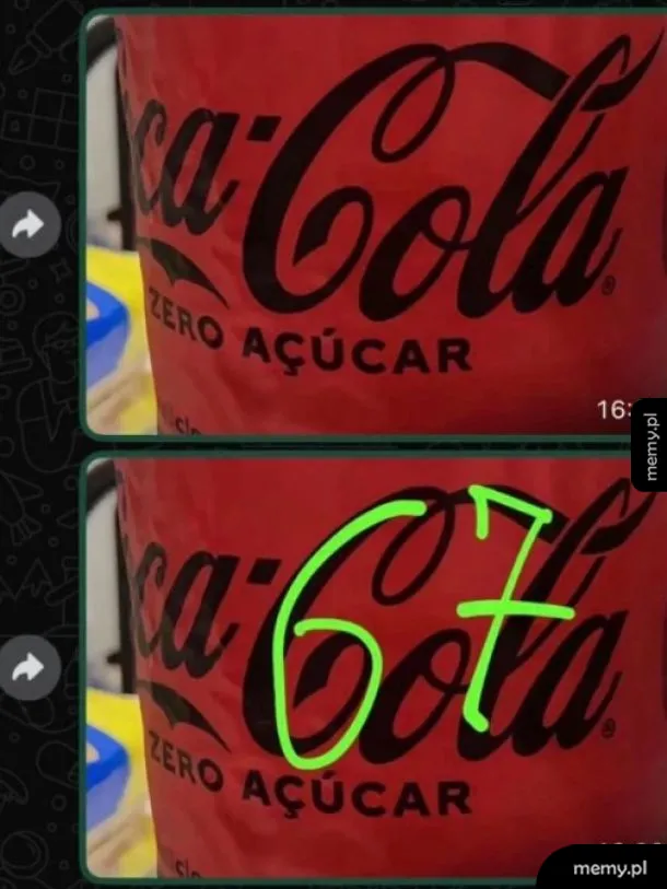 Zbliżenie na puszkę Coca-Cola z dopisanym zielonym mazakiem słowem 67