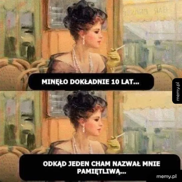 Memy z kobietą w kawiarni i napisem o pamiętliwości.