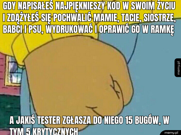 Gdy napisałeś najpięknieszy kod w swoim życiu i zdążyłeś się pochwalić mamie, tacie, siostrze, babci i psu, wydrukować i oprawić go w ramkę a jakiś tester zgłasza do niego 15 bugów, w tym 5 krytycznych