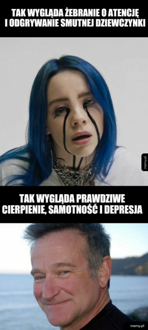 Porównanie Billie Eilish z czarnym makijażem i uśmiechniętego Robina Williamsa.