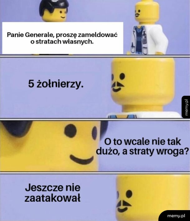 Figurki Lego rozmawiają o stratach wojskowych.