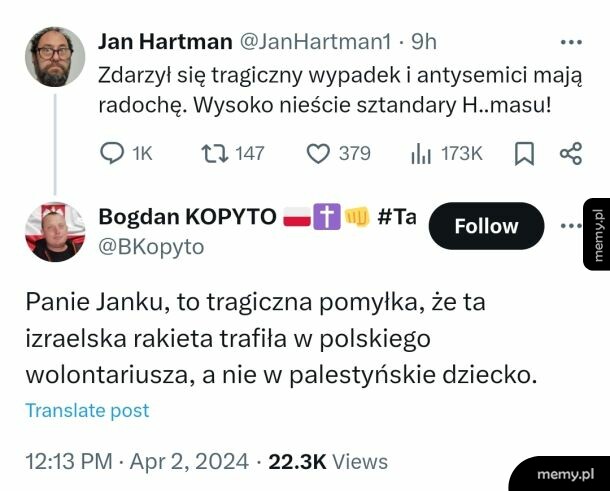 Zrzut ekranu z wpisami na portalu X (Twitter) między Janem Hartmanem a użytkownikiem Bogdan KOPYTO.