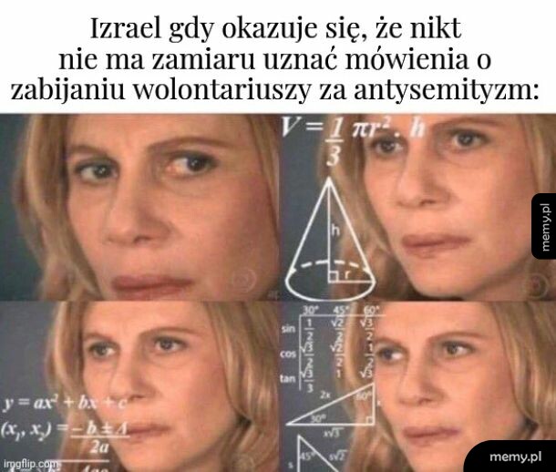 Mem z zamyśloną kobietą i wzorami matematycznymi w tle
