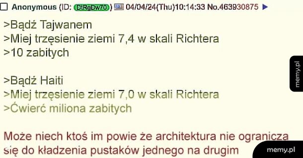 Zrzut ekranu z wpisem z 4chan porównującym skutki trzęsień ziemi na Tajwanie i Haiti.