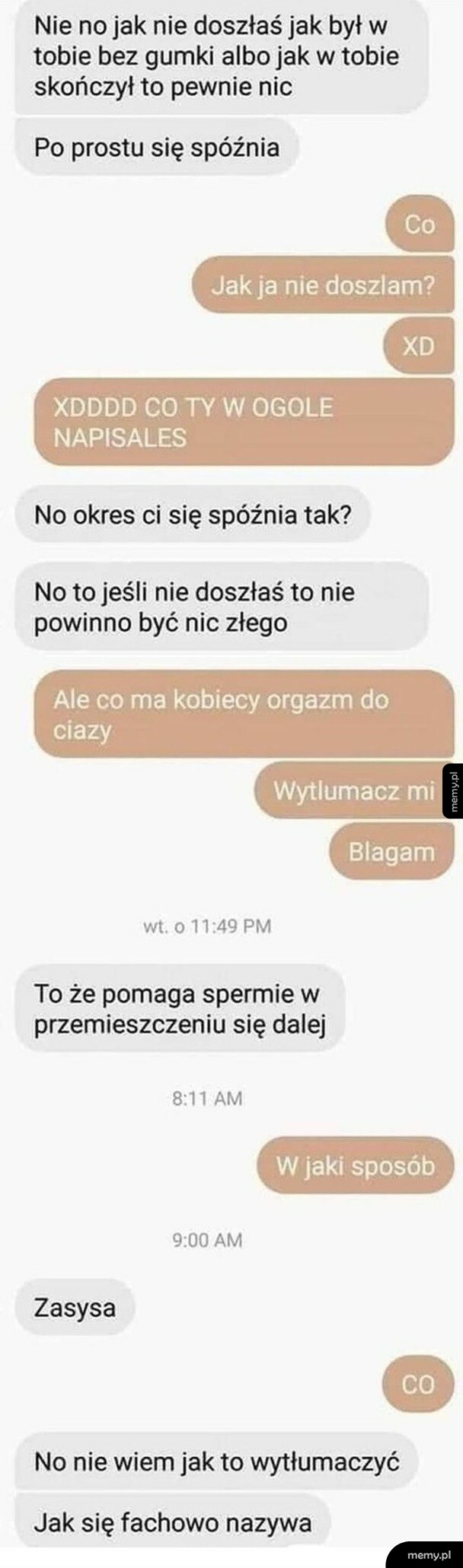 Zrzut ekranu z rozmowy tekstowej na czacie dotyczący edukacji seksualnej.