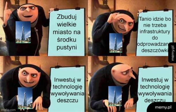Mem z Gru prezentującym plan budowy miasta na pustyni i technologii wywoływania deszczu.
