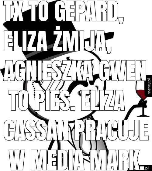TX to gepard, Eliza żmija, Agnieszka Gwen to pies. Eliza Cassan pracuje w media mark.
