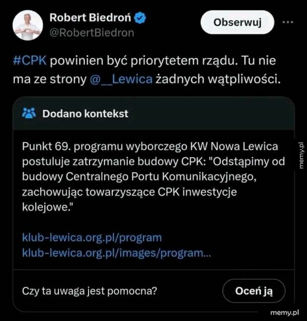 Zrzut ekranu tweeta Roberta Biedronia o CPK z dopisanym kontekstem społeczności.