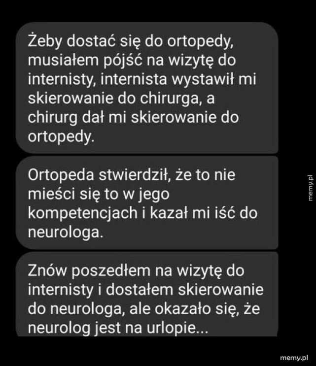 Zrzut ekranu z tekstem o absurdach polskiej służby zdrowia i skierowaniach.