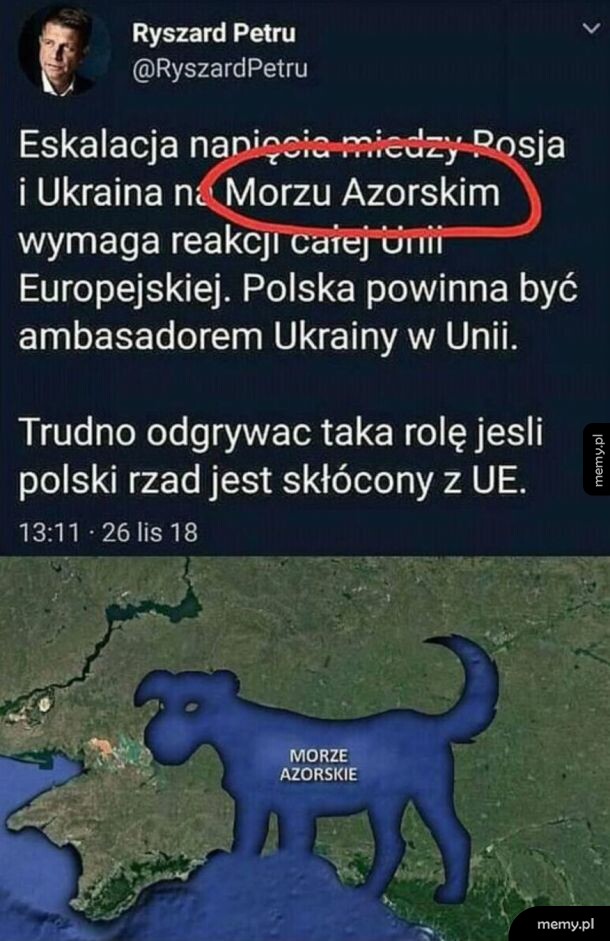 Wpis Ryszarda Petru o Morzu Azorskim i mapa z psem