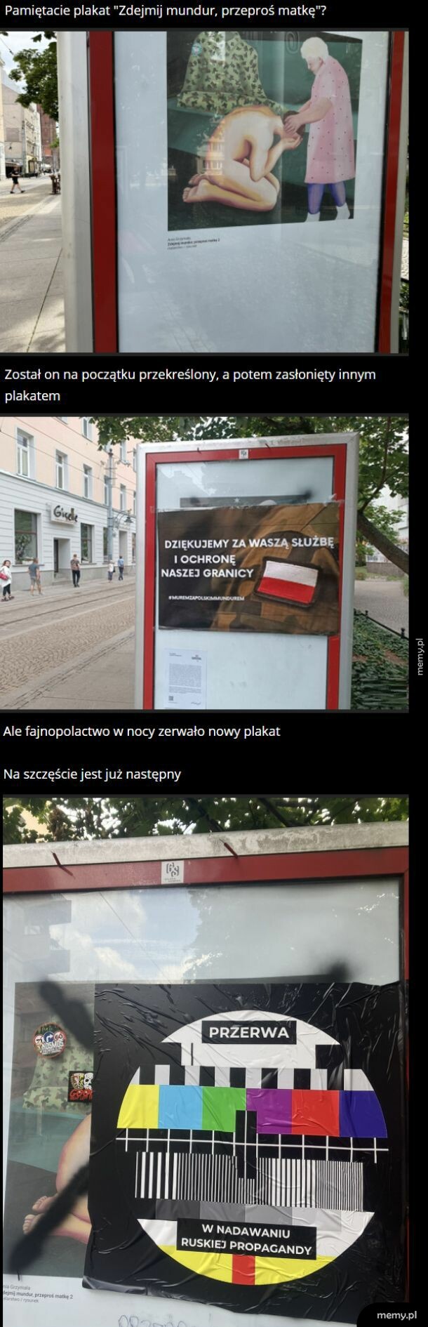 Zdjęcia plakatów w gablocie ulegających kolejnym zmianom i dewastacjom.