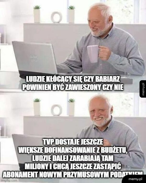 Mem z panem Haroldem przy komputerze komentującym sytuację w mediach.
