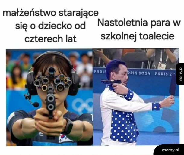 Porównanie dwóch strzelców sportowych z przerobionymi memicznie okularami i bronią.