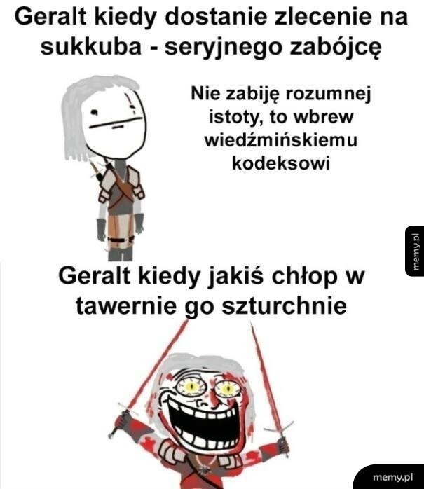 Memiczny rysunek Geralta z Rivii w dwóch kontrastowych sytuacjach.