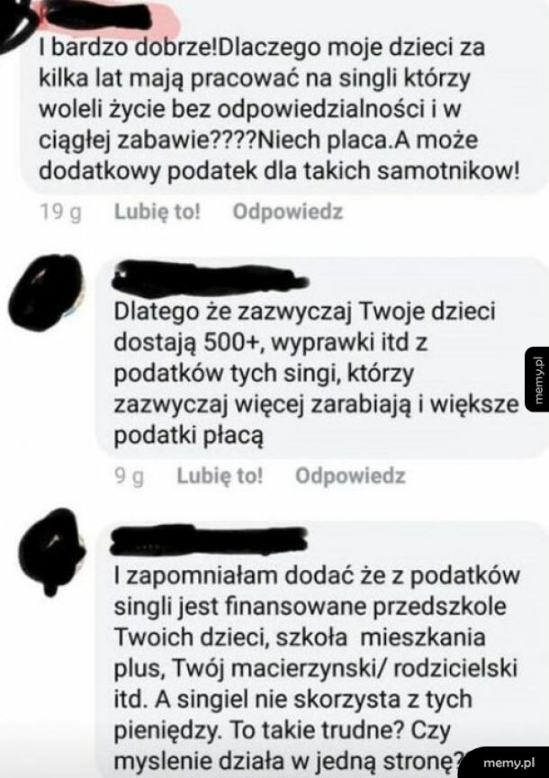 Zrzut ekranu z dyskusji w internecie na temat podatków dla singli i rodziców