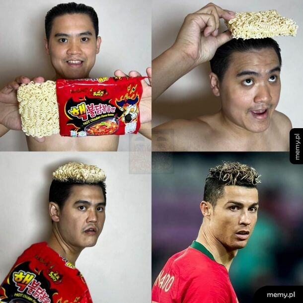 Mężczyzna używa suchego makaronu instant jako fryzury przypominającej Cristiano Ronaldo.