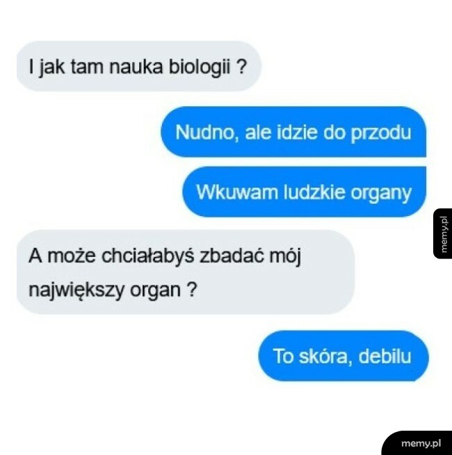 Zrzut ekranu przedstawiający rozmowę SMS na temat nauki biologii i ludzkich organów.