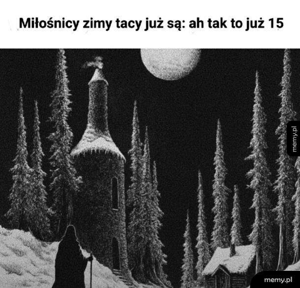Czarno-biała ilustracja z wieżą, lasem i postacią w kapturze w zimowej scenerii.