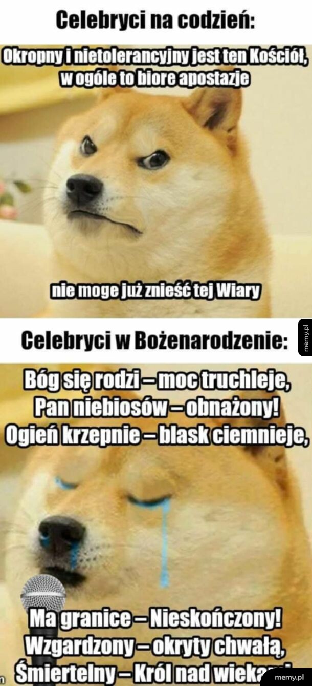 Mem z psem rasy Shiba Inu pokazujący hipokryzję celebrytów wobec Kościoła i świąt.