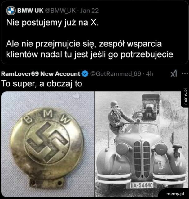Mem z tweetem BMW UK i odpowiedzią użytkownika pokazującą nazistowską przeszłość marki.