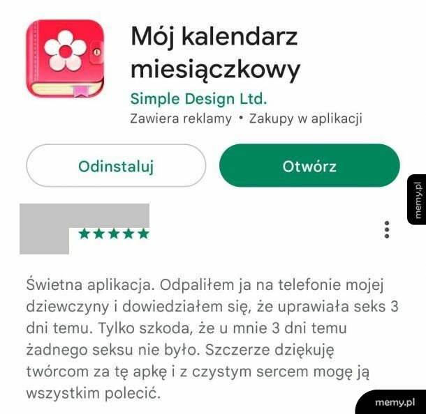 Zrzut ekranu z Google Play przedstawiający opinie o aplikacji Mój kalendarz miesięczny.