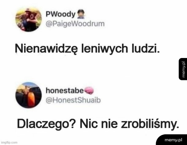 Zrzut ekranu z Twittera z dialogiem dwóch użytkowników na temat leniwych ludzi.