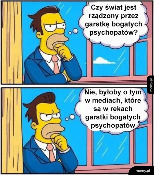 Mężczyzna w garniturze patrzy przez okno i rozmyśla.