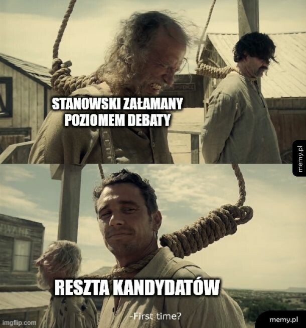 Mężczyźni z pętlami na szyjach na tle szubienicy z filmu Ballada o Busterze Scruggsie.