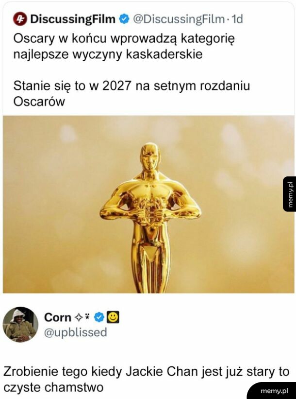 Złota statuetka Oscara na tle żartobliwego tweeta o kaskaderach i Jackie Chanie.