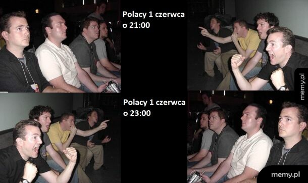 Mężczyźni oglądający coś z różnymi emocjami