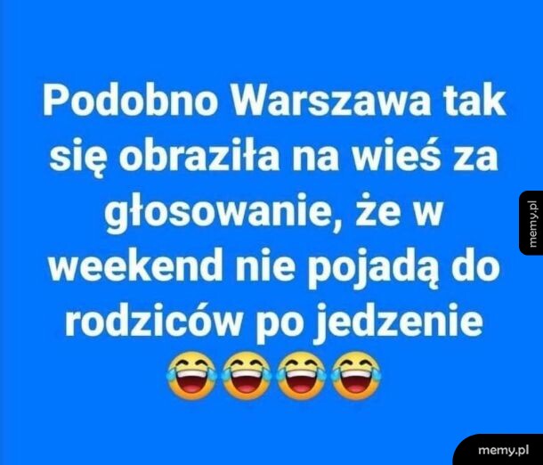 Niebieski mem z białym napisem o Warszawie i cztery emotikony ze śmiejącymi się twarzami.