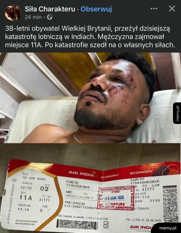 Mężczyzna z obrażeniami twarzy leżący w szpitalu oraz karta pokładowa linii Air India.