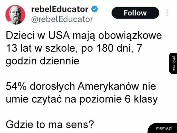 Zrzut ekranu z wpisu na Twitterze krytykującego amerykański system edukacji.