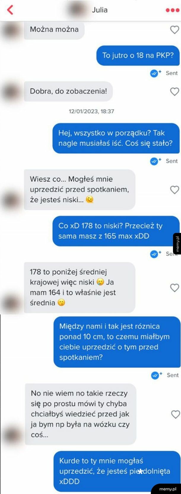 Zrzut ekranu z Tindera przedstawiający absurdalną kłótnię o wzrost.