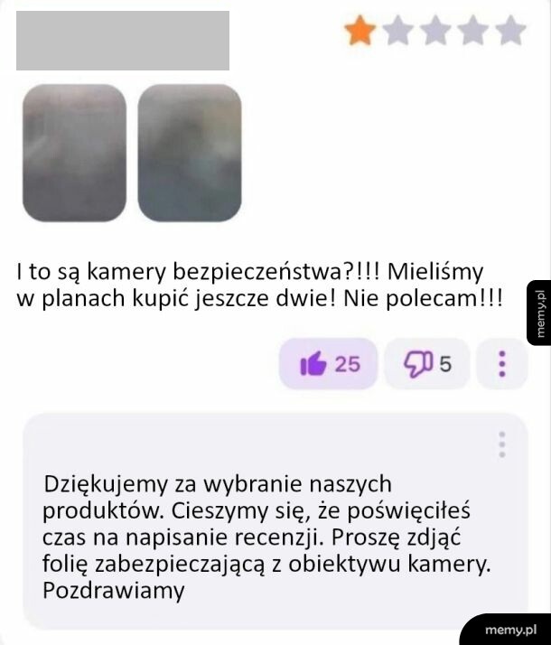 Zrzut ekranu negatywnej opinii o kamerach bezpieczeństwa i odpowiedzi producenta.