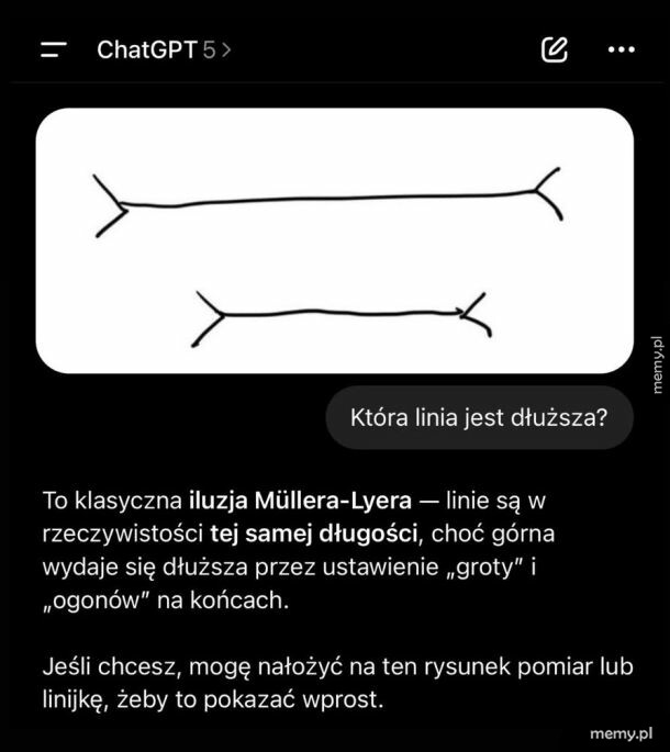 Zrzut ekranu z czatu z ChatGPT pokazujący iluzję optyczną z dwiema liniami.
