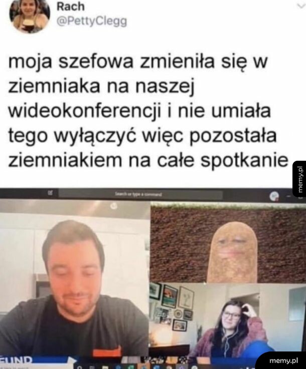 Zrzut ekranu z wideokonferencji, gdzie jedna z osób ma włączony filtr ziemniaka zamiast twarzy.