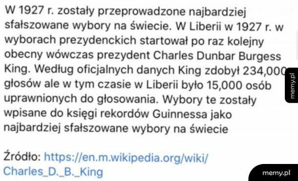Tekst opisujący sfałszowane wybory w Liberii w 1927 roku.