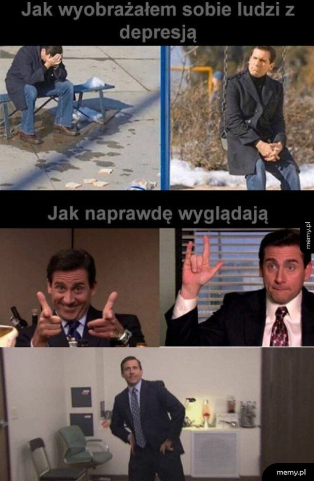 Mem z Michaelem Scottem pokazującym wyobrażenie o depresji kontra radosną rzeczywistość.